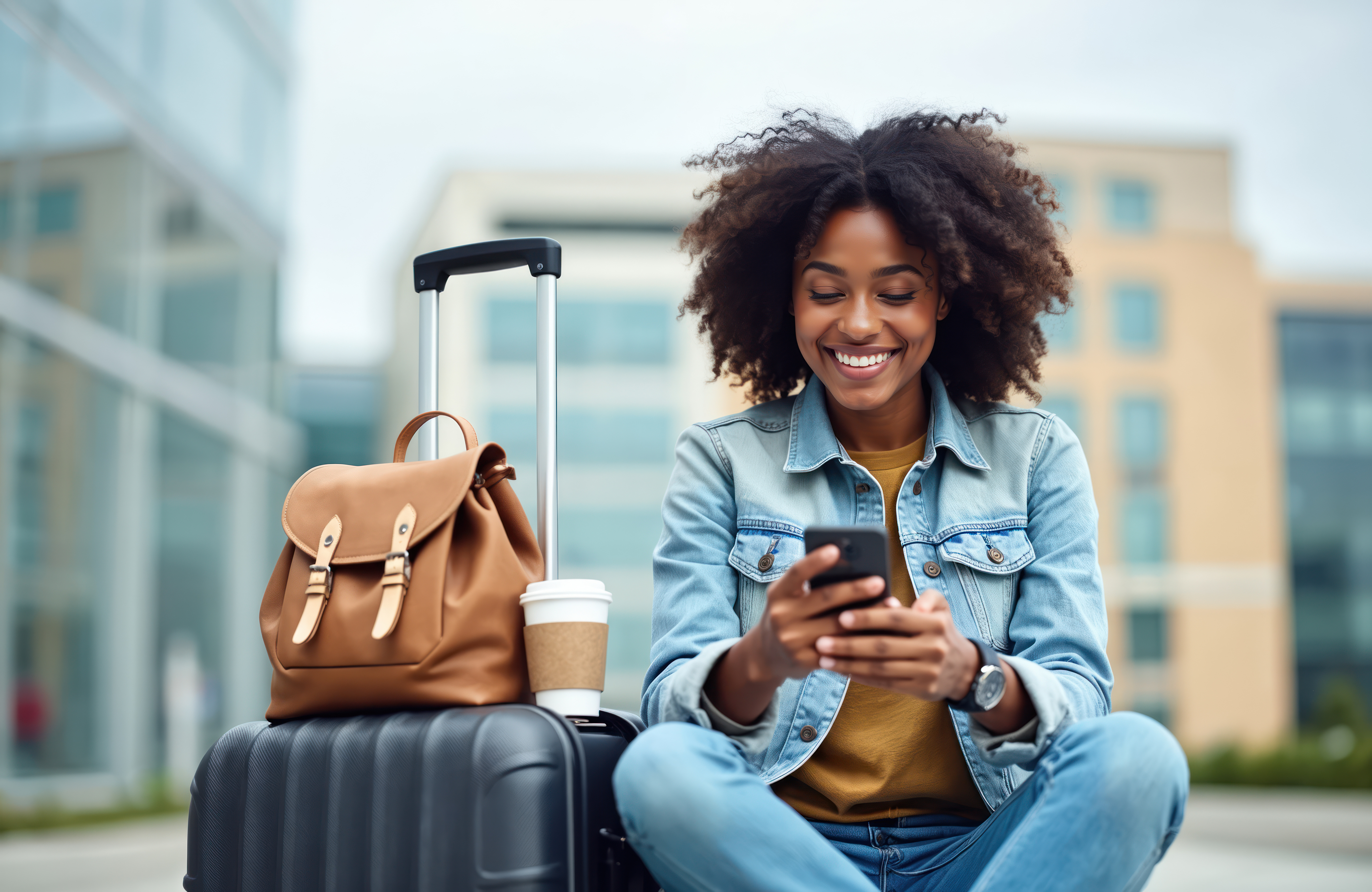 A traveller sitting beside her suitcase, smiling at her phone